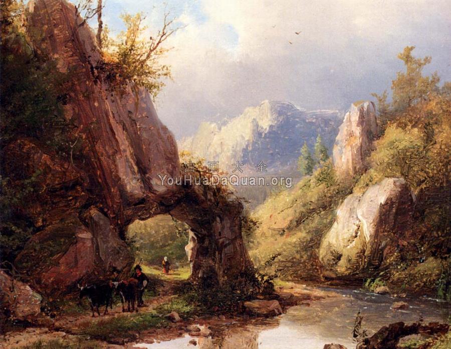 A Mountain Valley With A Peasant And Cattle Passing Along A Stream - 约翰·伯纳德·格隆贝克